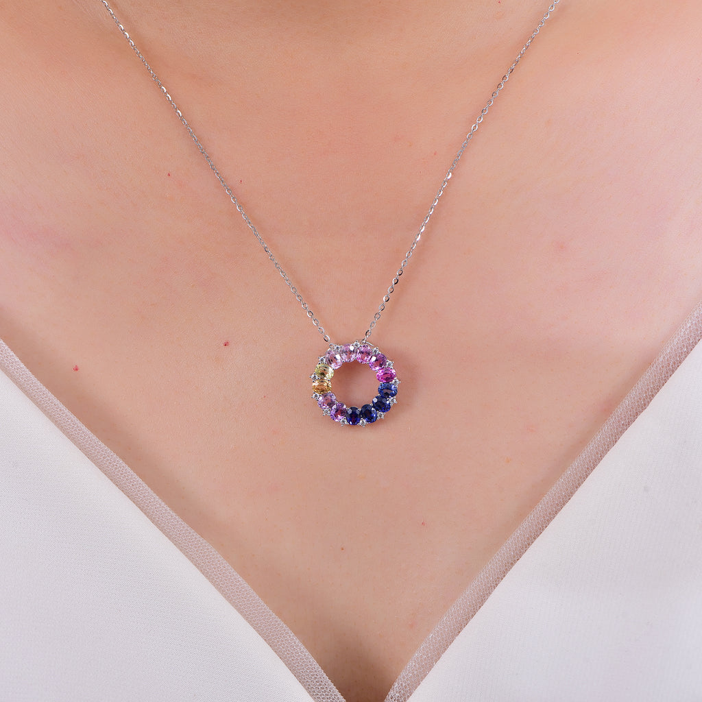 Lucky Ring Necklace — Oval Lab-Grown Coloured Gemstones & Moissanite Accents (4×3mm)