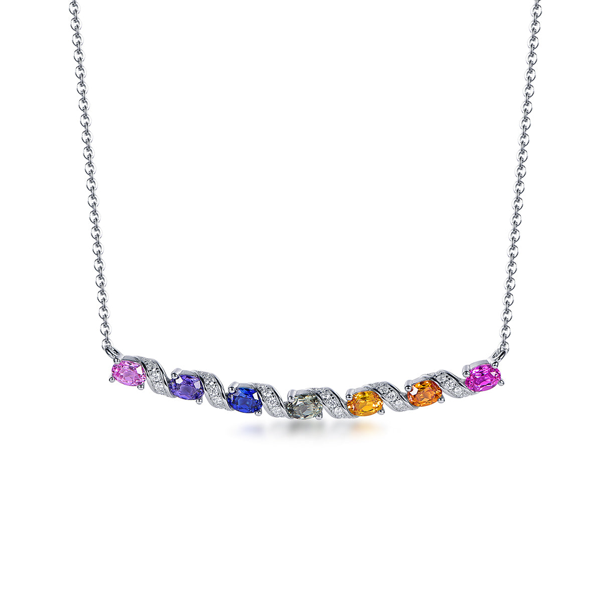 Rainbow Wave Necklace — Oval Lab-Grown Coloured Gemstones & Moissanite Accents (4×3mm)