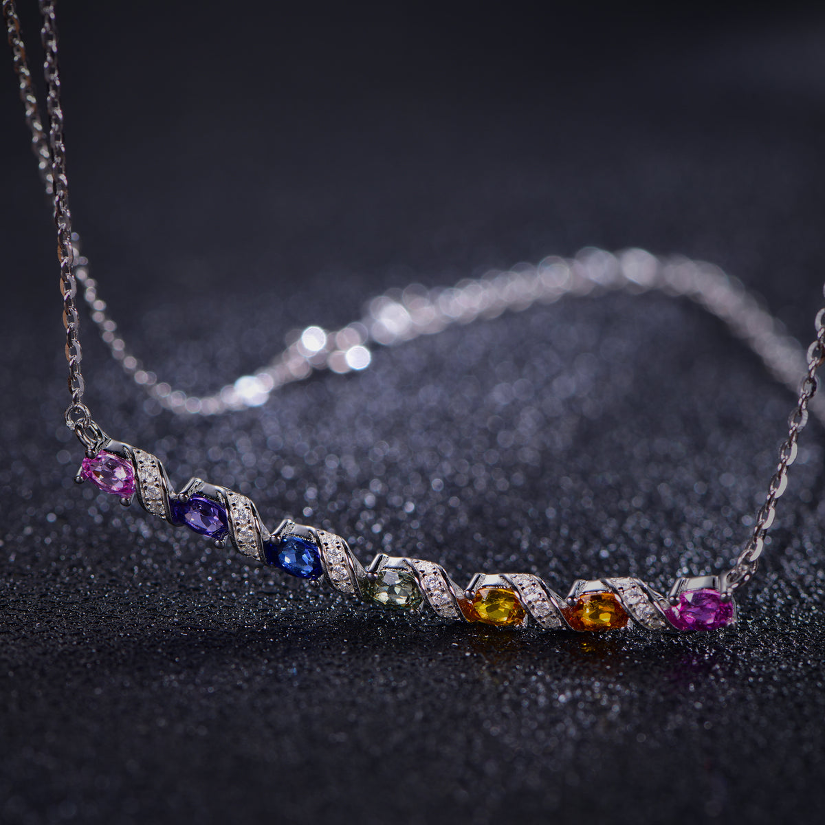 Rainbow Wave Necklace — Oval Lab-Grown Coloured Gemstones & Moissanite Accents (4×3mm)