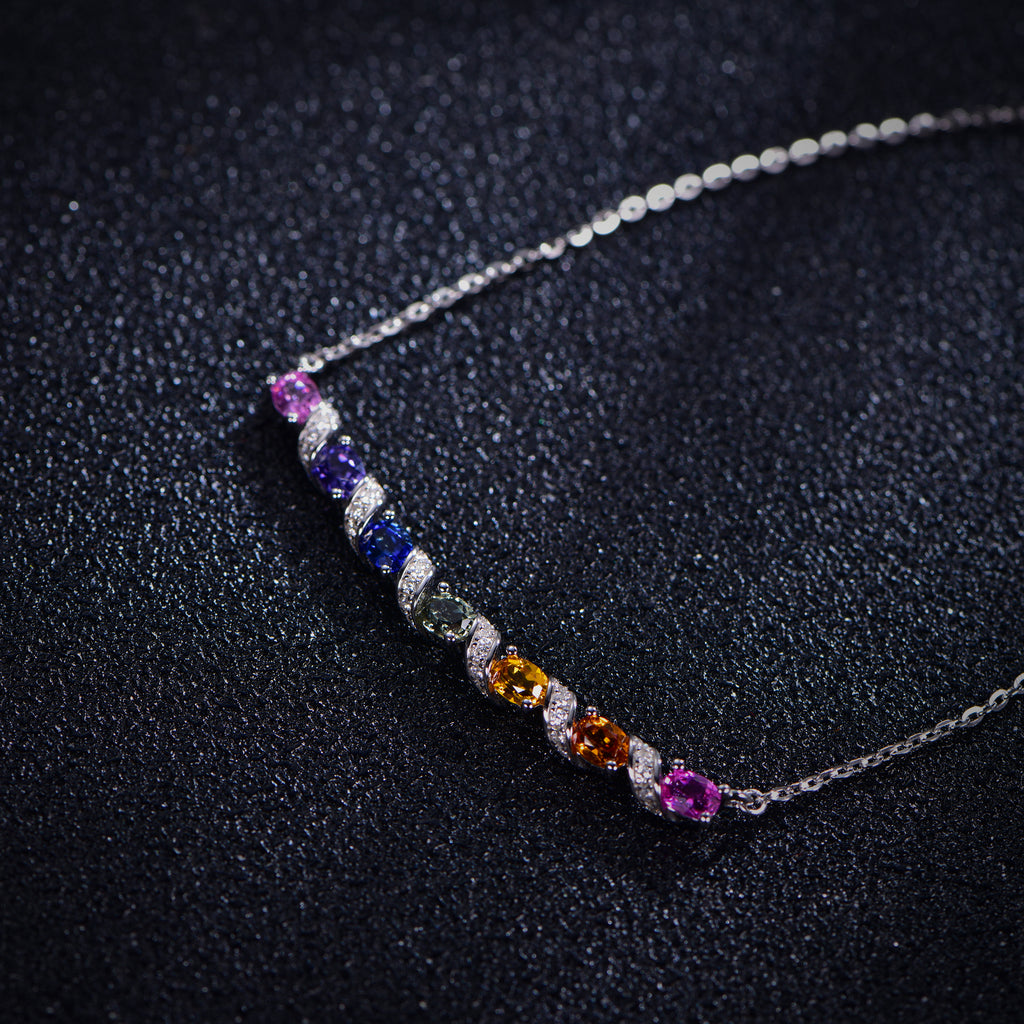 Rainbow Wave Necklace — Oval Lab-Grown Coloured Gemstones & Moissanite Accents (4×3mm)