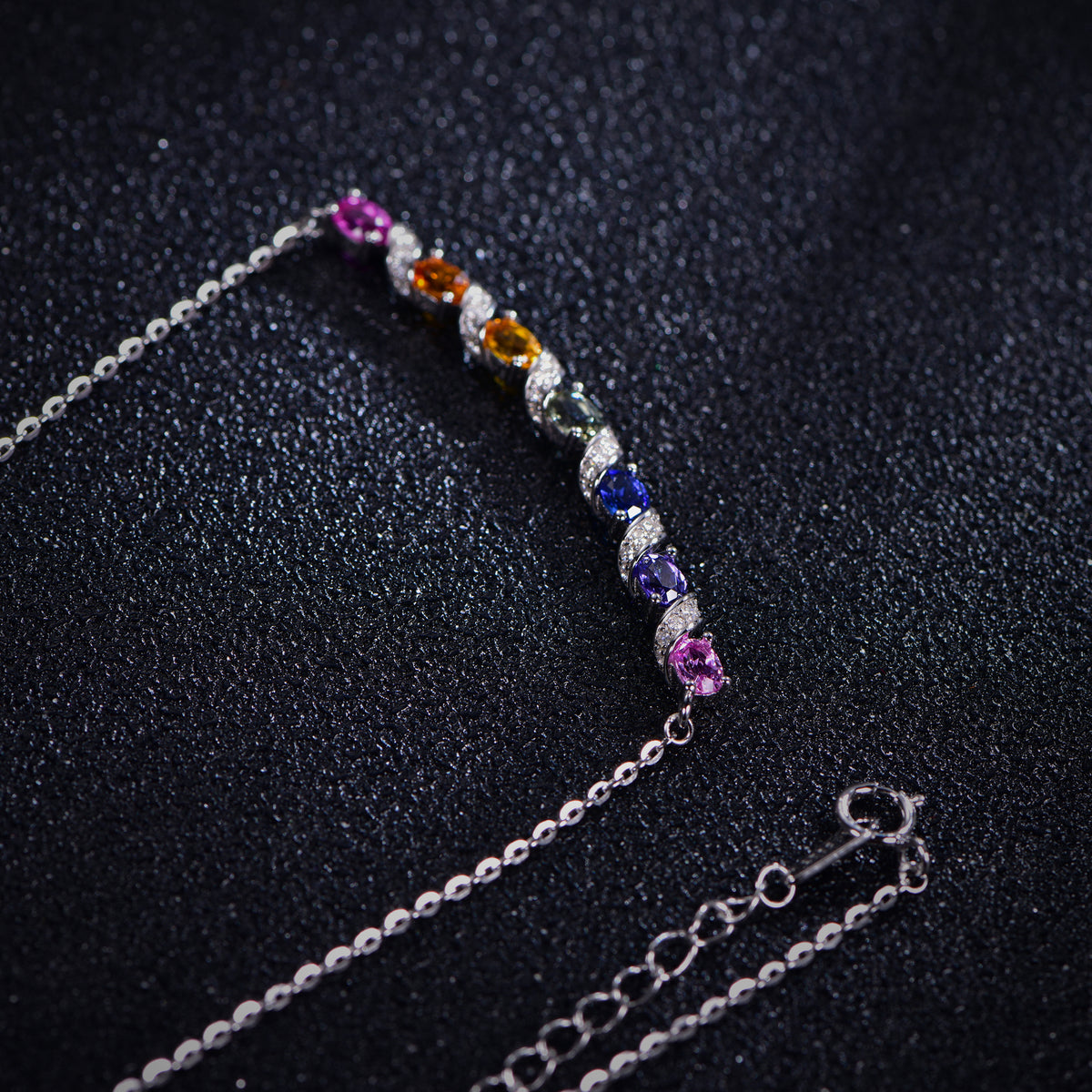 Rainbow Wave Necklace — Oval Lab-Grown Coloured Gemstones & Moissanite Accents (4×3mm)