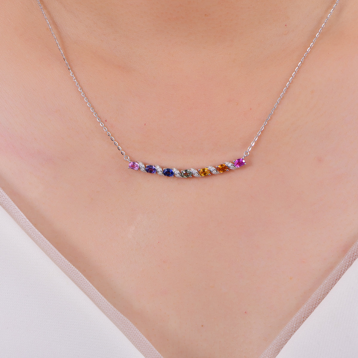 Rainbow Wave Necklace — Oval Lab-Grown Coloured Gemstones & Moissanite Accents (4×3mm)