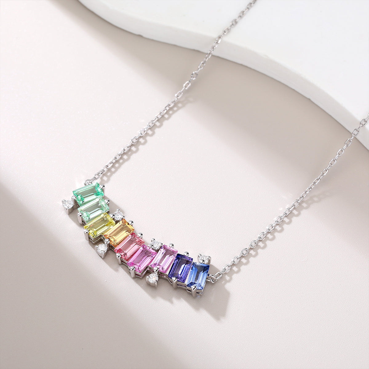 Meet The Rainbow Necklace — Emerald-Cut Lab-Grown Coloured Gemstones & Moissanite Accents (3.15ct)