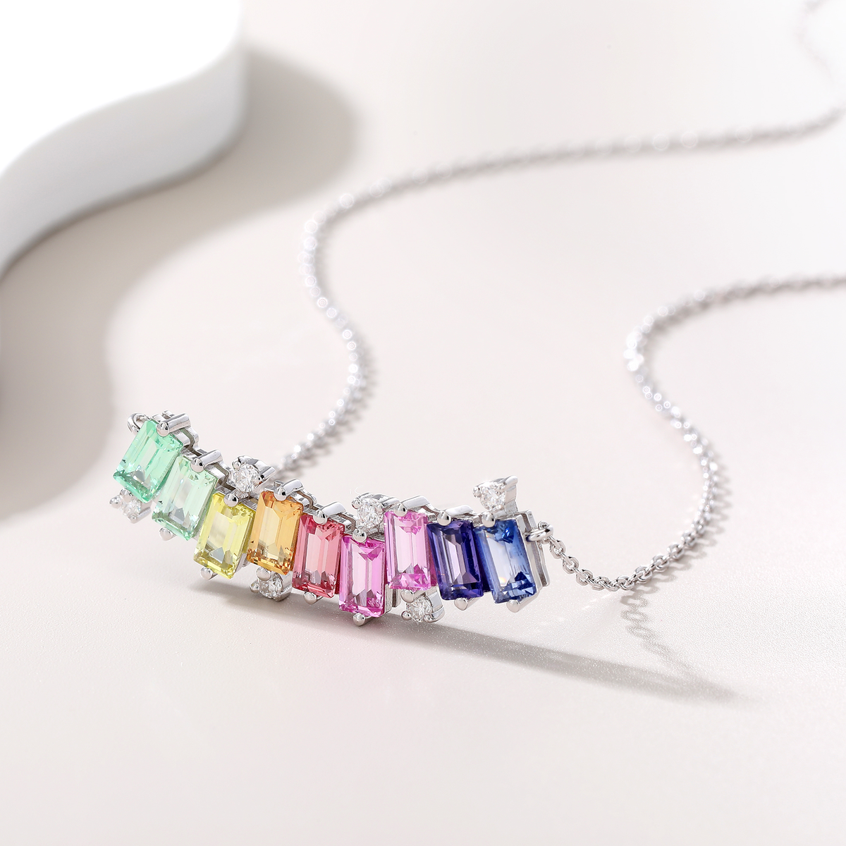 Meet The Rainbow Necklace — Emerald-Cut Lab-Grown Coloured Gemstones & Moissanite Accents (3.15ct)