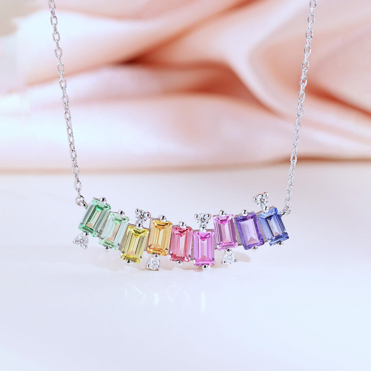 Meet The Rainbow Necklace — Emerald-Cut Lab-Grown Coloured Gemstones & Moissanite Accents (3.15ct)
