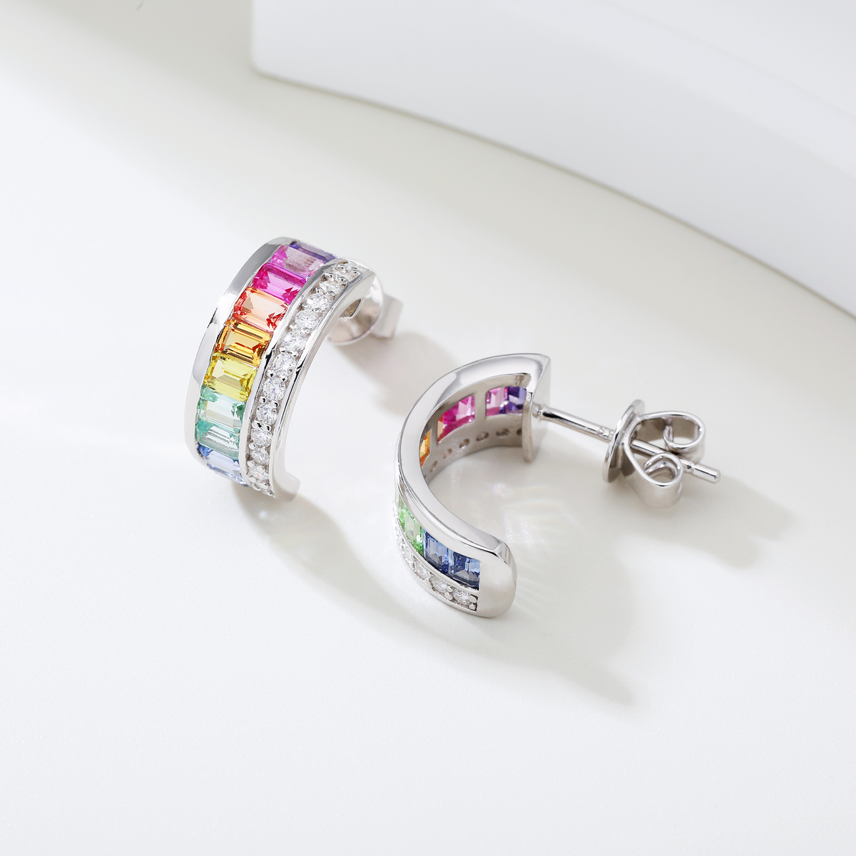 Silver-Plated 18K White Gold Coloured Gemstone Rainbow Arc Moissanite Earrings / 2.0ct
