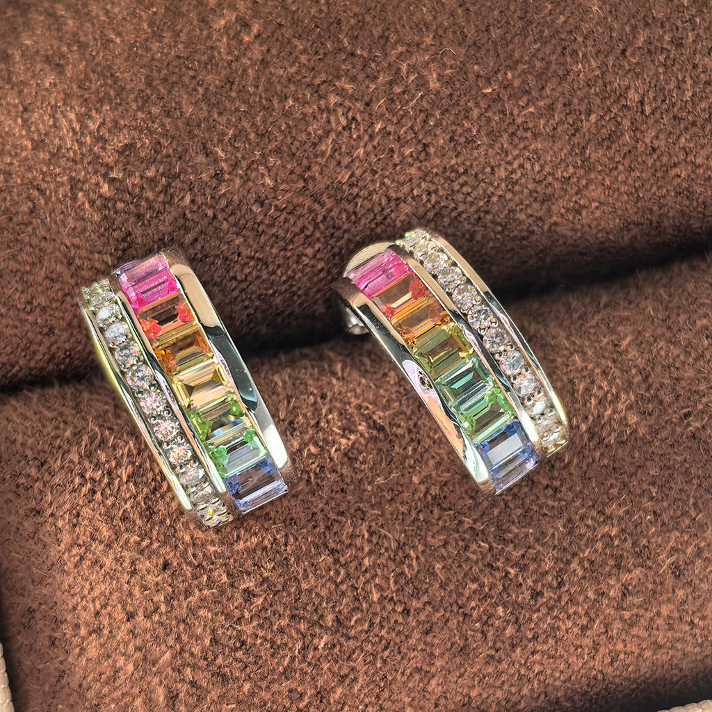 Silver-Plated 18K White Gold Coloured Gemstone Rainbow Arc Moissanite Earrings / 2.0ct