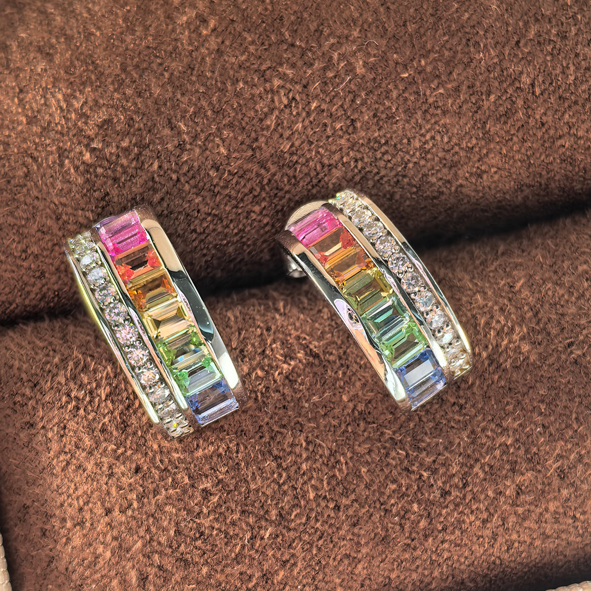 Silver-Plated 18K White Gold Coloured Gemstone Rainbow Arc Moissanite Earrings / 2.0ct