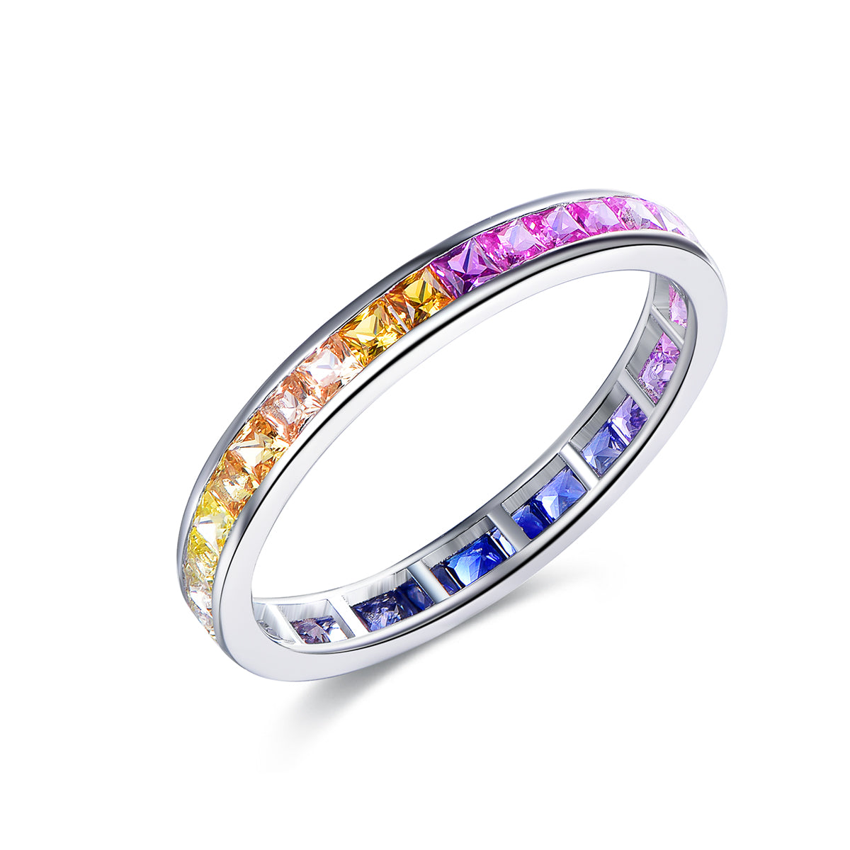S925 Silver 18K White Gold Plated Princess-Cut Coloured Gemstone Rainbow Ring 2.0mm / Stone
