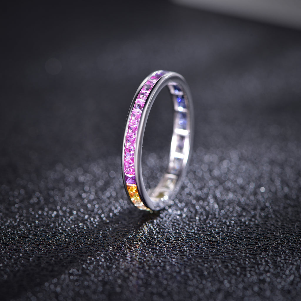 S925 Silver 18K White Gold Plated Princess-Cut Coloured Gemstone Rainbow Ring 2.0mm / Stone