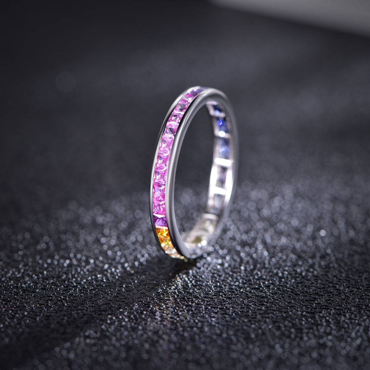 S925 Silver 18K White Gold Plated Princess-Cut Coloured Gemstone Rainbow Ring 2.0mm / Stone