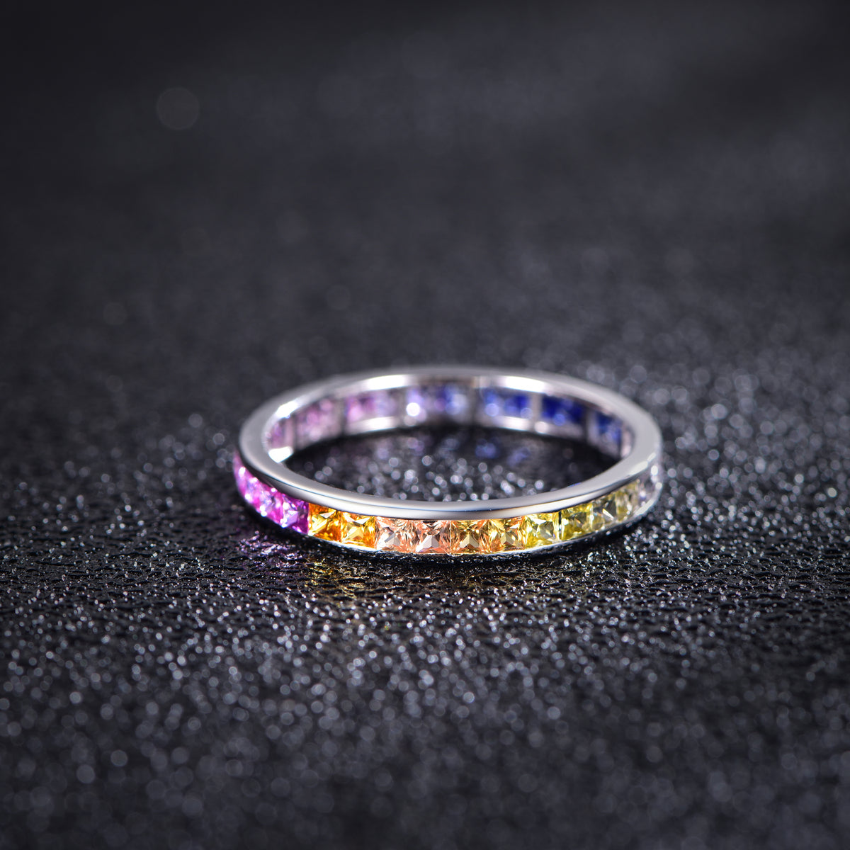 S925 Silver 18K White Gold Plated Princess-Cut Coloured Gemstone Rainbow Ring 2.0mm / Stone