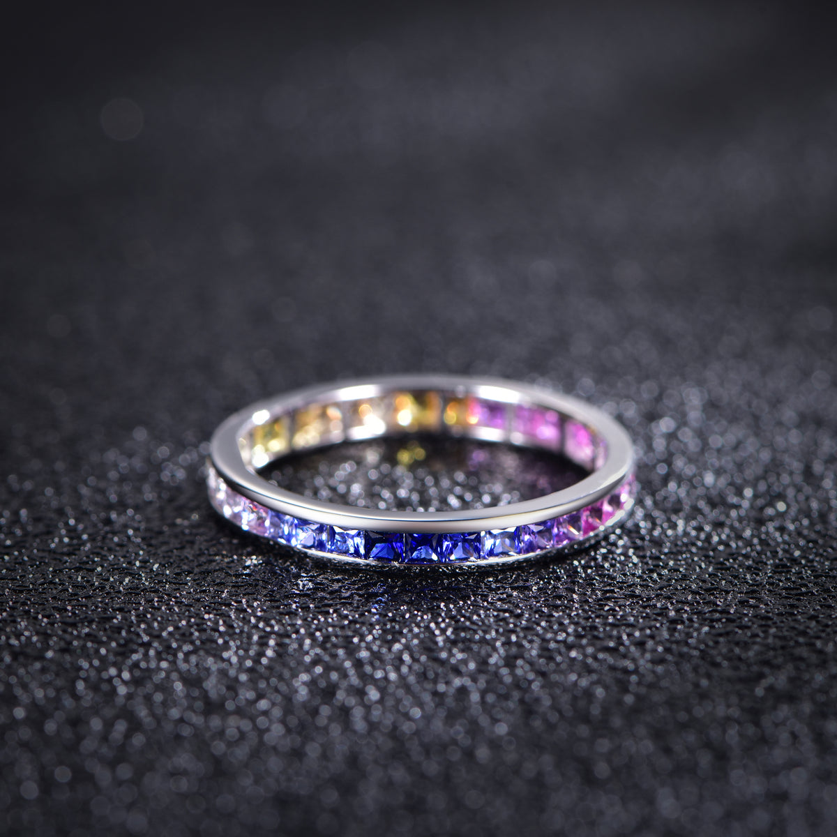 S925 Silver 18K White Gold Plated Princess-Cut Coloured Gemstone Rainbow Ring 2.0mm / Stone