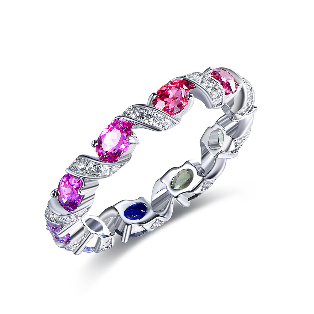 S925 Silver 18K White Gold Plated Oval Coloured Gemstone Rainbow Donut Moissanite Ring 0.3ct