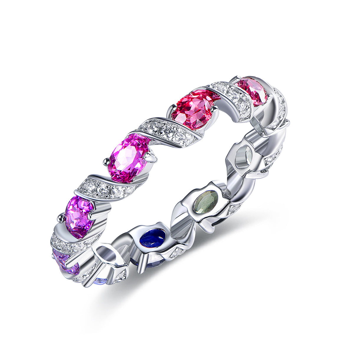 S925 Silver 18K White Gold Plated Oval Coloured Gemstone Rainbow Donut Moissanite Ring 0.3ct