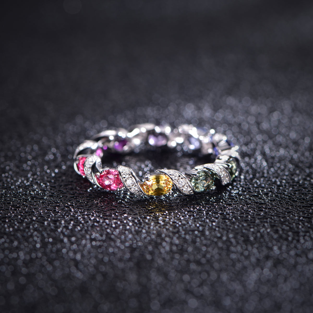S925 Silver 18K White Gold Plated Oval Coloured Gemstone Rainbow Donut Moissanite Ring 0.3ct