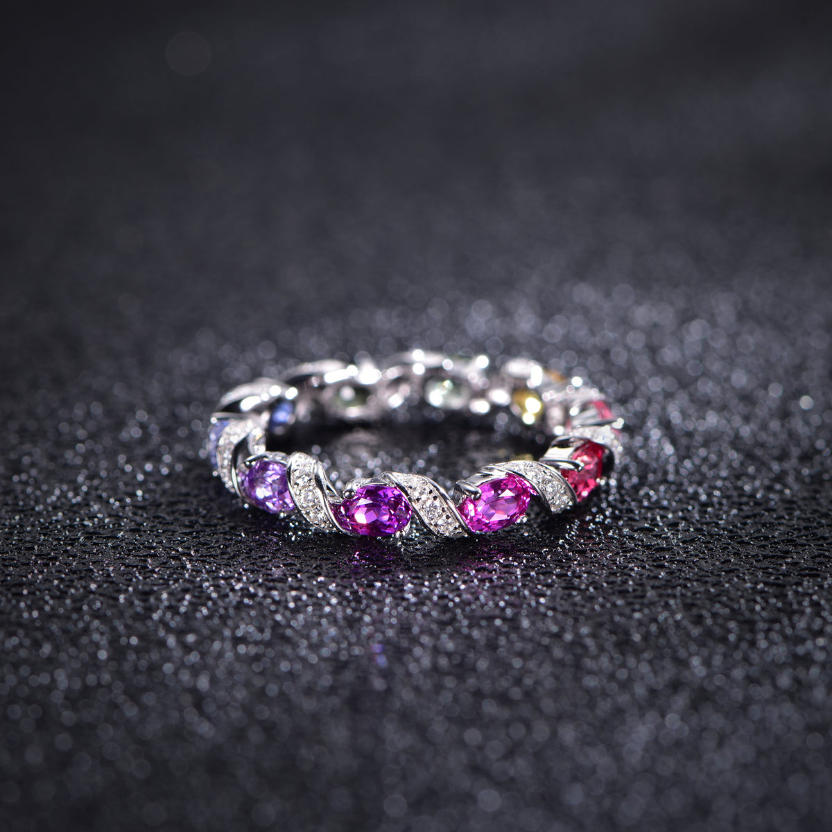 S925 Silver 18K White Gold Plated Oval Coloured Gemstone Rainbow Donut Moissanite Ring 0.3ct