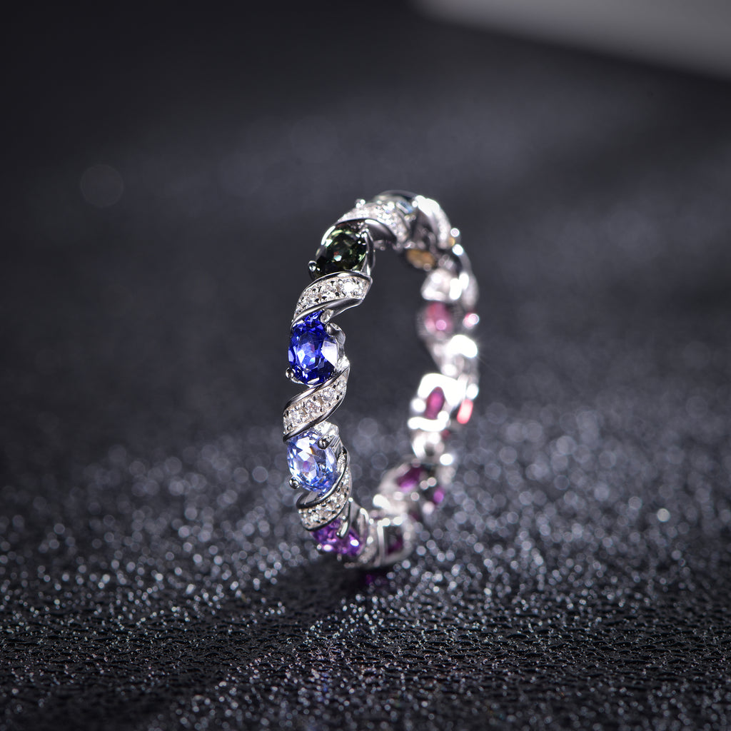 S925 Silver 18K White Gold Plated Oval Coloured Gemstone Rainbow Donut Moissanite Ring 0.3ct