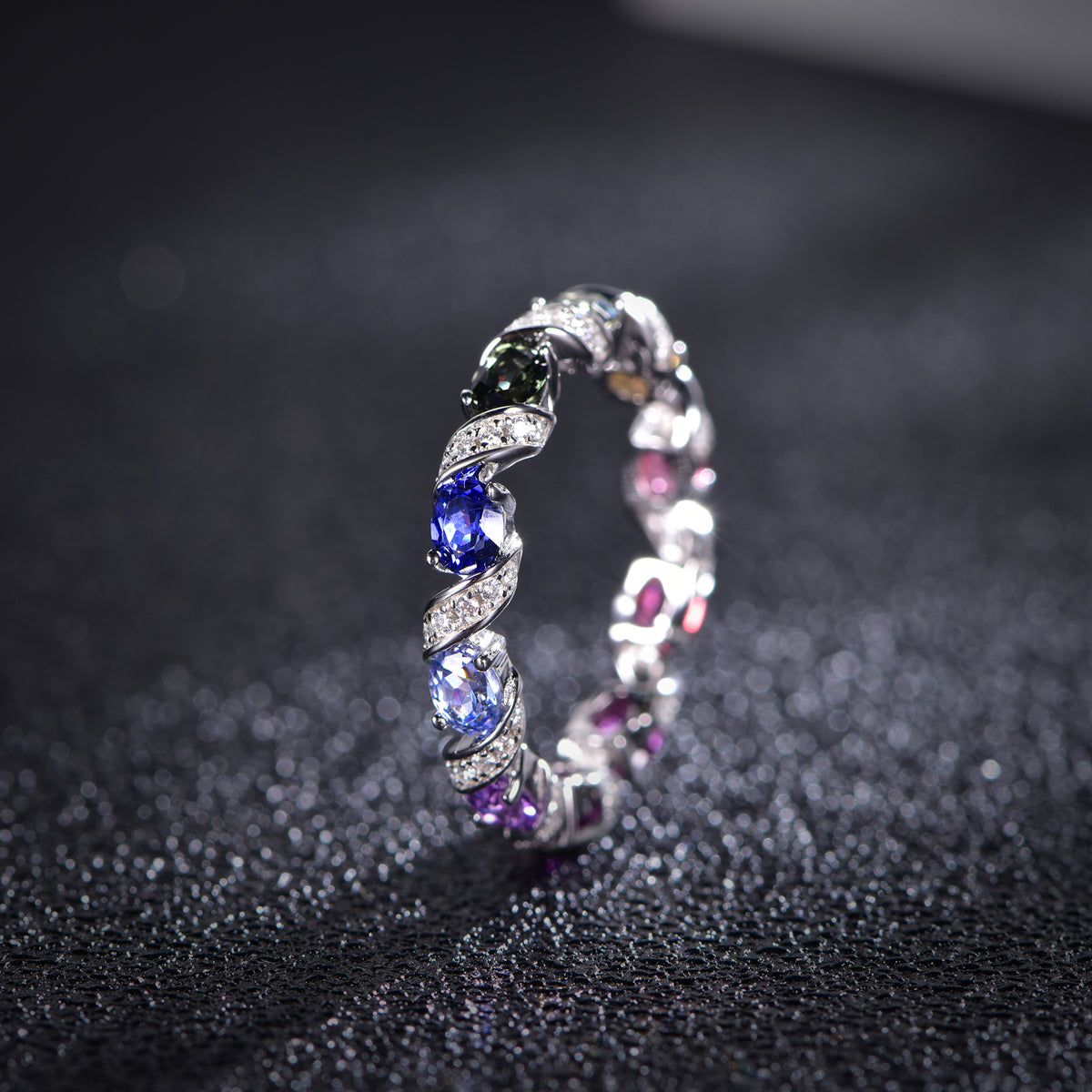 S925 Silver 18K White Gold Plated Oval Coloured Gemstone Rainbow Donut Moissanite Ring 0.3ct