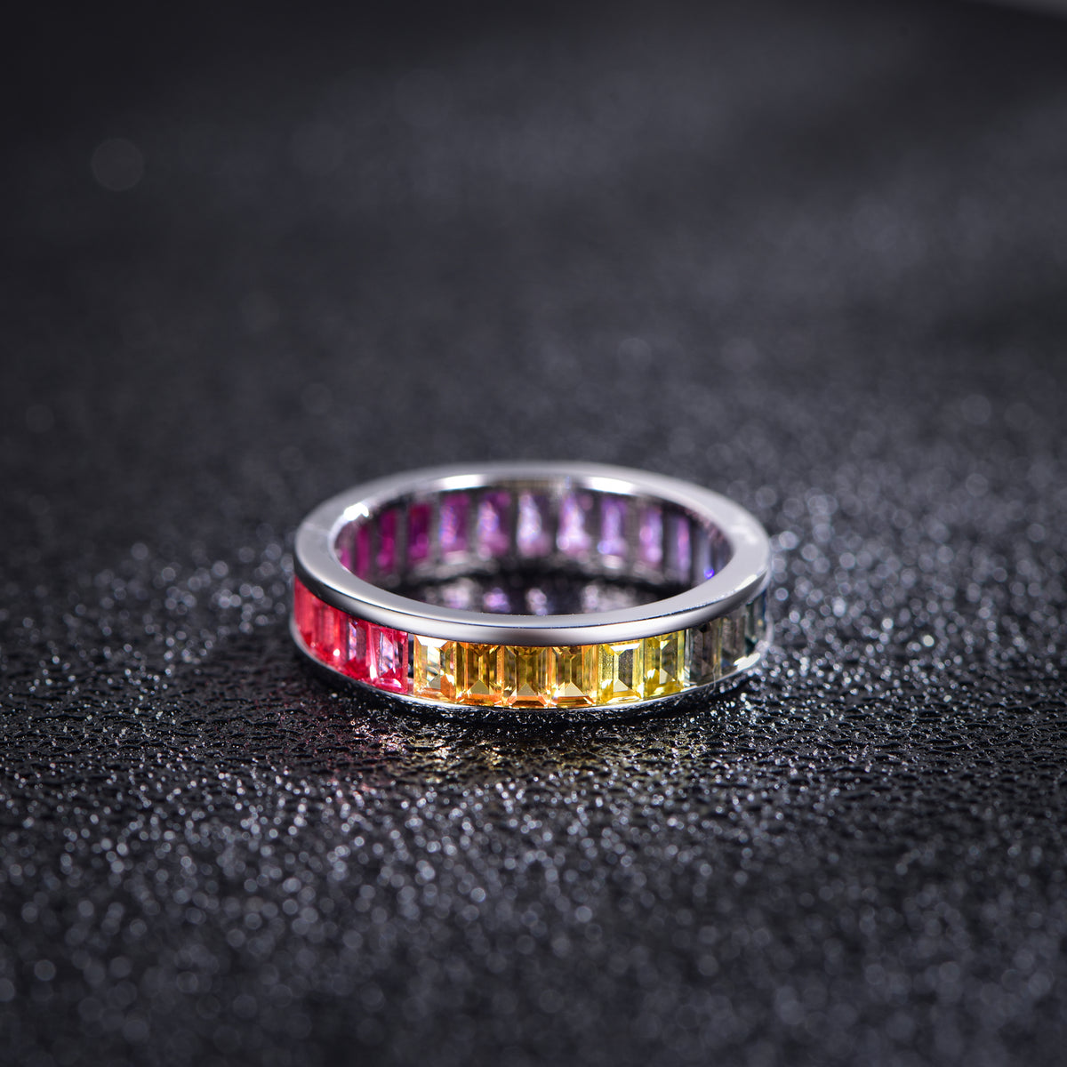 S925 Silver 18K White Gold Plated Rectangular Coloured Gemstone Rainbow Ring 3×2mm / Stone