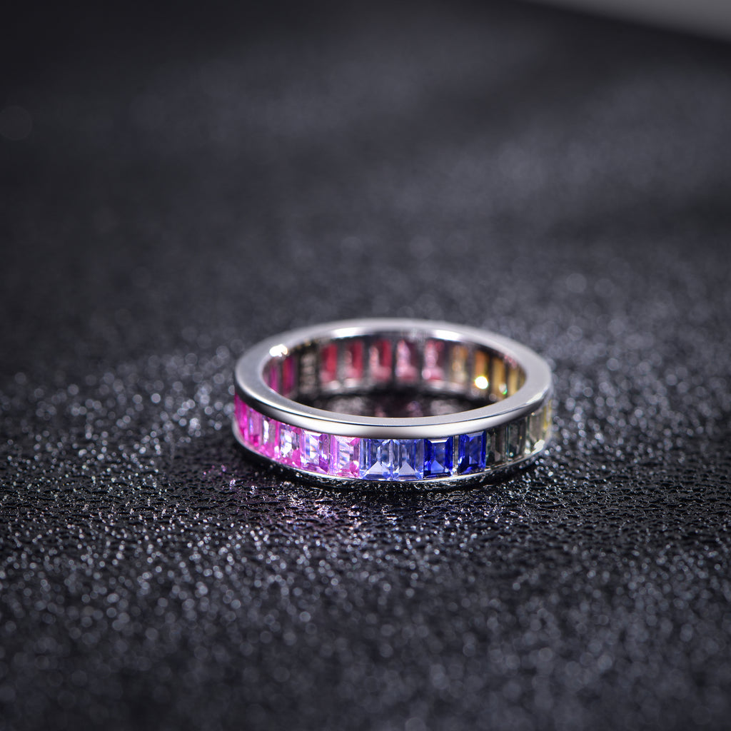 S925 Silver 18K White Gold Plated Rectangular Coloured Gemstone Rainbow Ring 3×2mm / Stone
