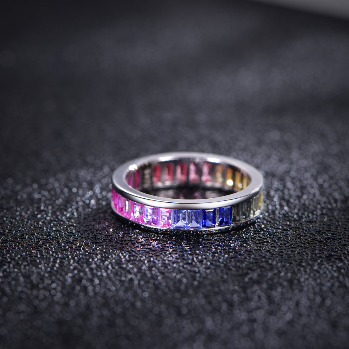 S925 Silver 18K White Gold Plated Rectangular Coloured Gemstone Rainbow Ring 3×2mm / Stone