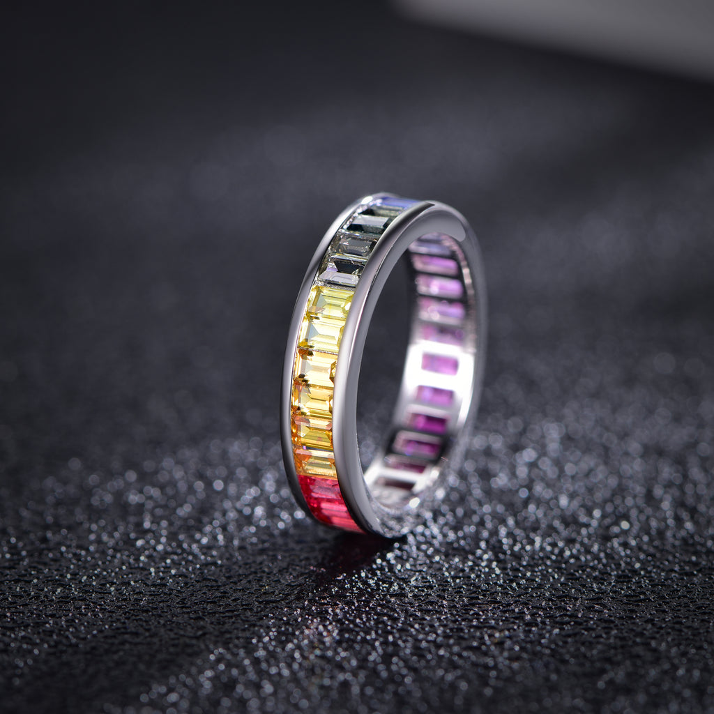 S925 Silver 18K White Gold Plated Rectangular Coloured Gemstone Rainbow Ring 3×2mm / Stone