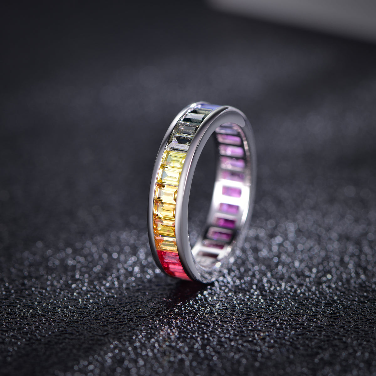 S925 Silver 18K White Gold Plated Rectangular Coloured Gemstone Rainbow Ring 3×2mm / Stone