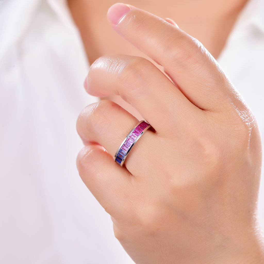 S925 Silver 18K White Gold Plated Rectangular Coloured Gemstone Rainbow Ring 3×2mm / Stone
