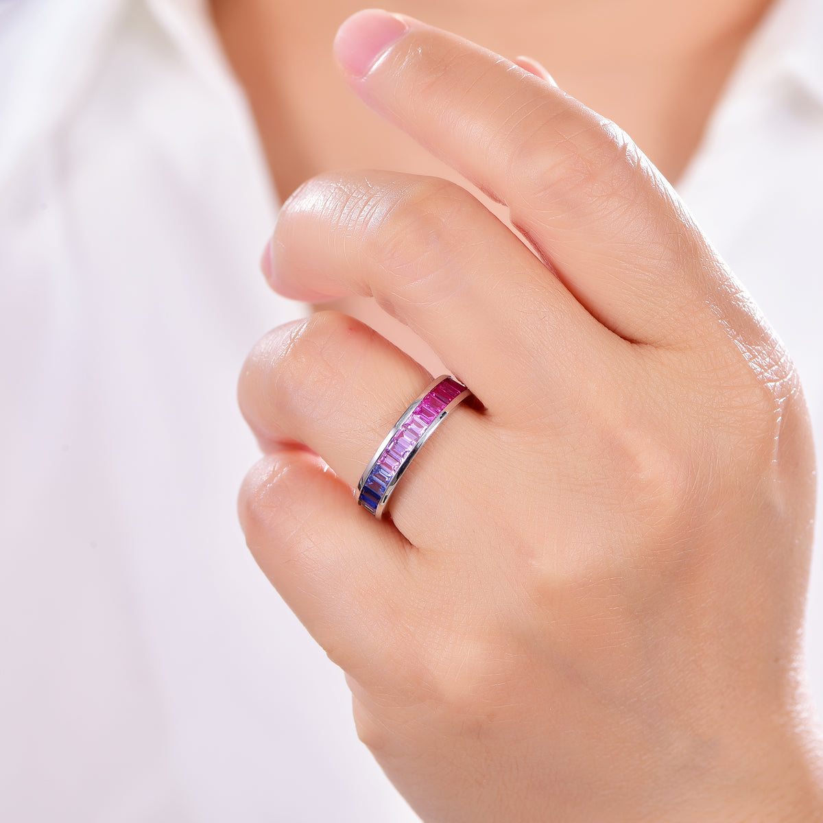 S925 Silver 18K White Gold Plated Rectangular Coloured Gemstone Rainbow Ring 3×2mm / Stone
