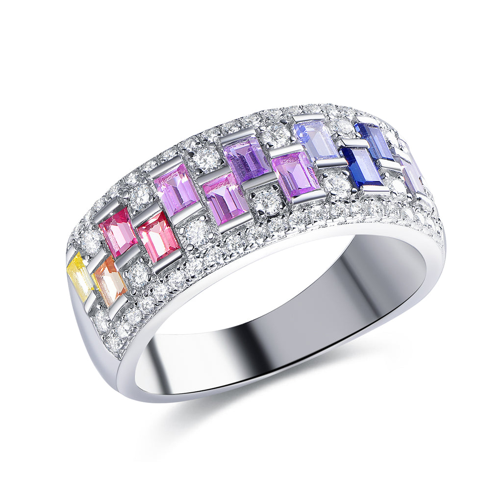 S925 Silver 18K White Gold Plated Rectangular Coloured Gemstone Rainbow Moissanite Ring 0.4ct