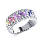 S925 Silver 18K White Gold Plated Rectangular Coloured Gemstone Rainbow Moissanite Ring 0.4ct