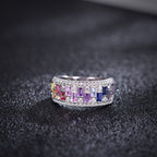 S925 Silver 18K White Gold Plated Rectangular Coloured Gemstone Rainbow Moissanite Ring 0.4ct
