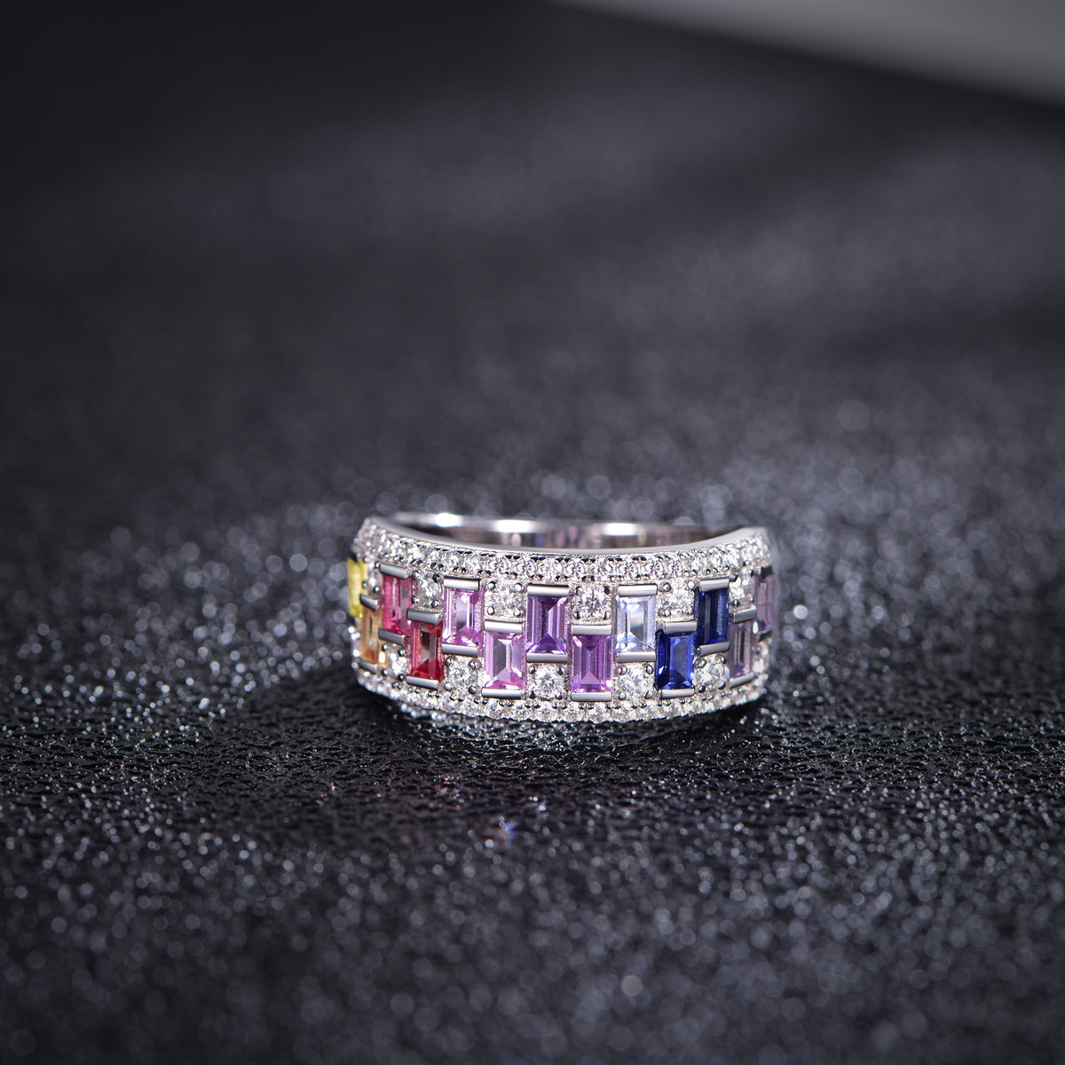 S925 Silver 18K White Gold Plated Rectangular Coloured Gemstone Rainbow Moissanite Ring 0.4ct