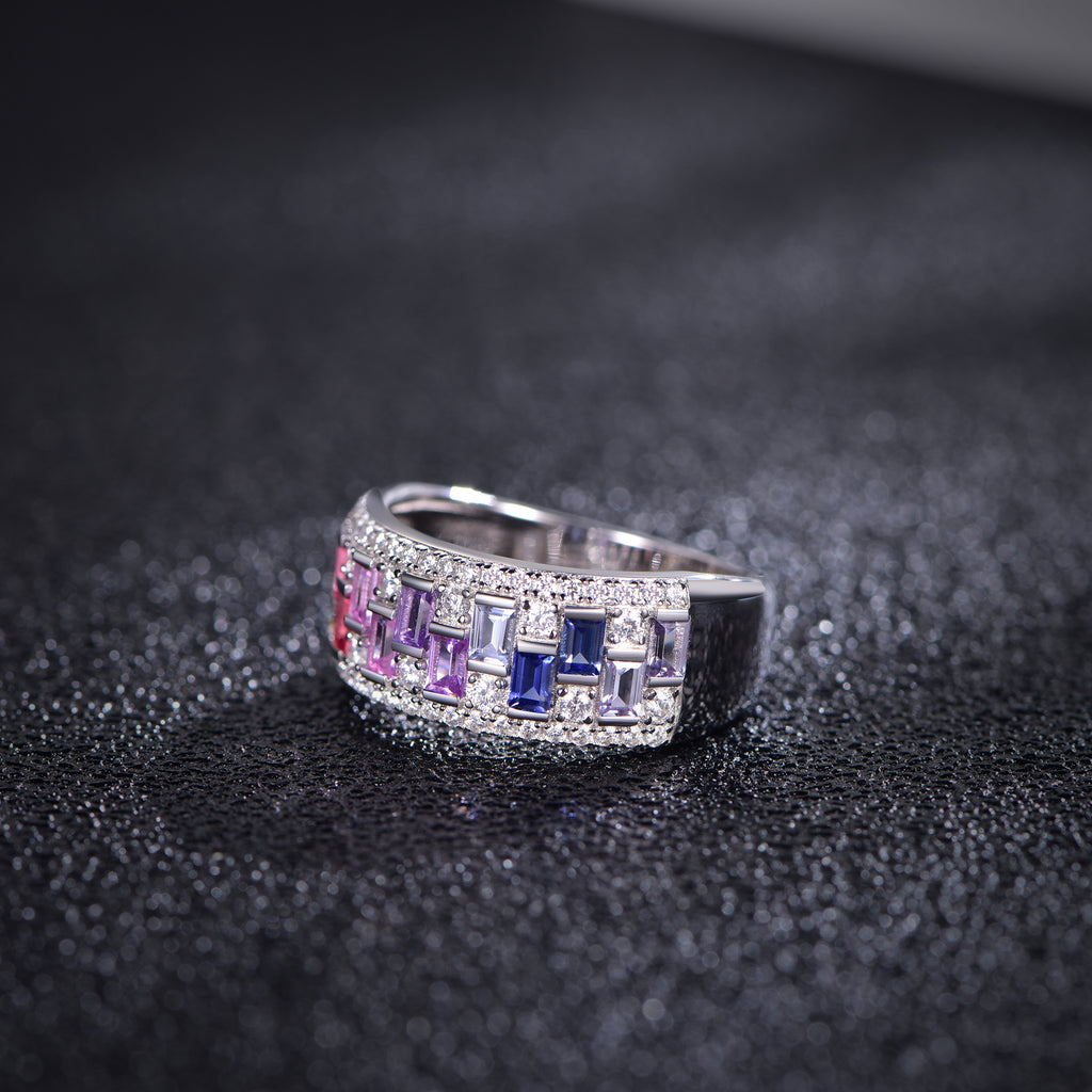 S925 Silver 18K White Gold Plated Rectangular Coloured Gemstone Rainbow Moissanite Ring 0.4ct