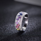 S925 Silver 18K White Gold Plated Rectangular Coloured Gemstone Rainbow Moissanite Ring 0.4ct