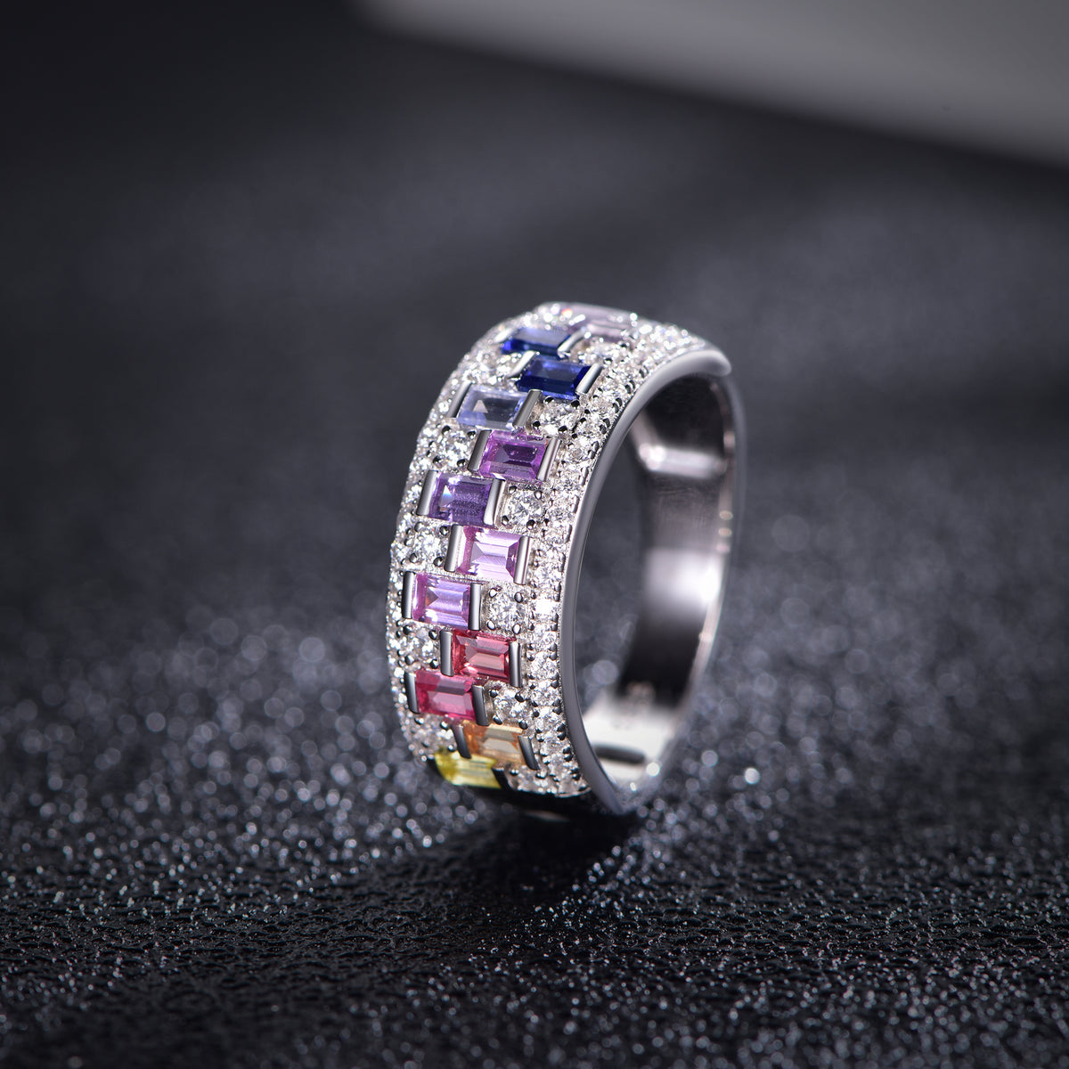 S925 Silver 18K White Gold Plated Rectangular Coloured Gemstone Rainbow Moissanite Ring 0.4ct
