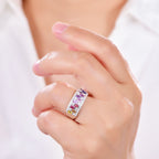 S925 Silver 18K White Gold Plated Rectangular Coloured Gemstone Rainbow Moissanite Ring 0.4ct