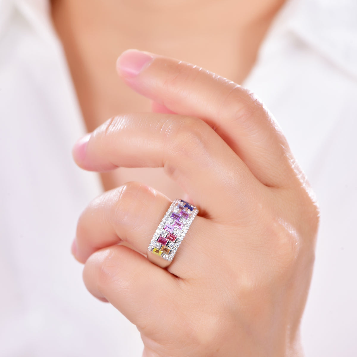 S925 Silver 18K White Gold Plated Rectangular Coloured Gemstone Rainbow Moissanite Ring 0.4ct