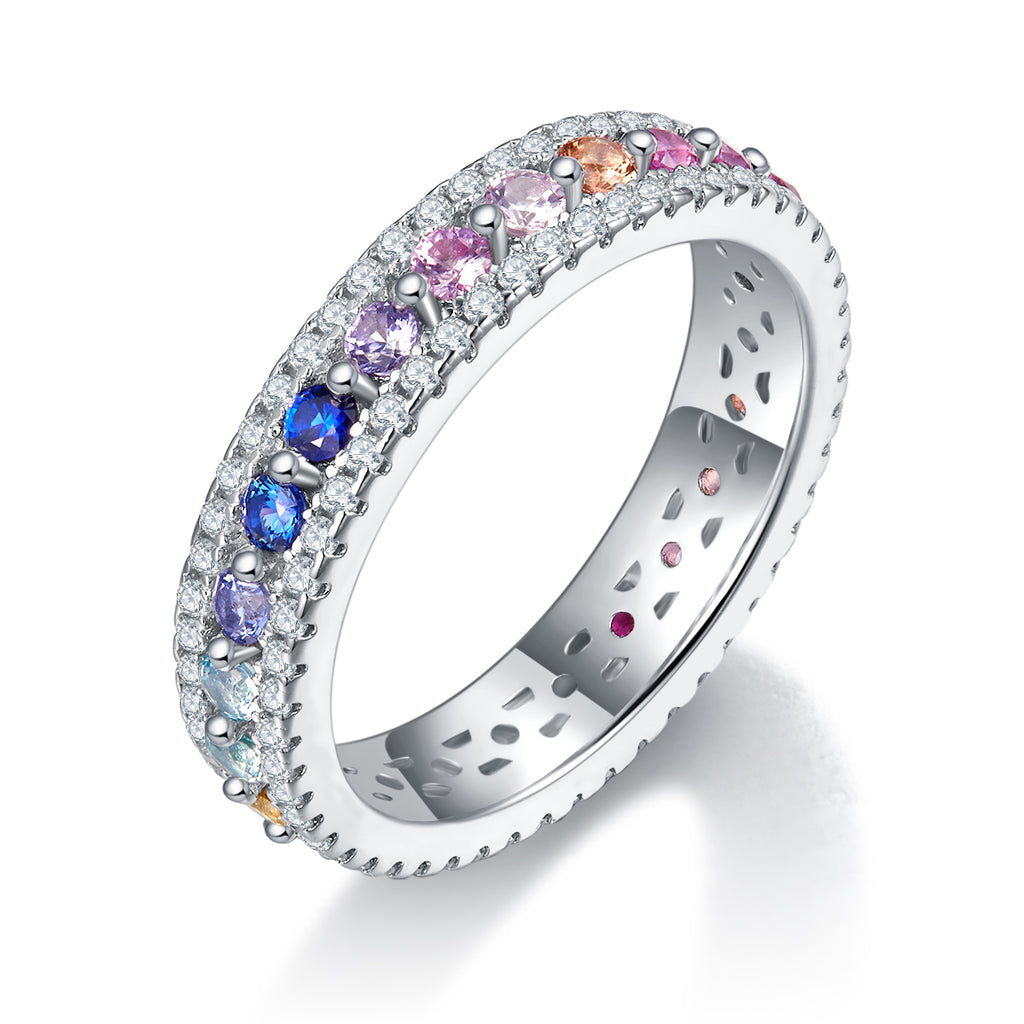 18K White Gold Round Coloured Gemstone Moissanite Rainbow Women's Ring
