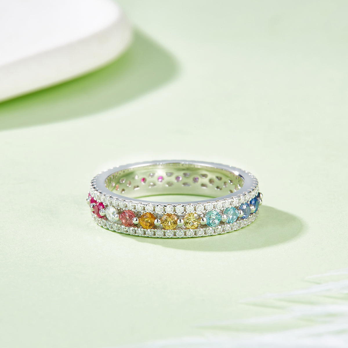18K White Gold Round Coloured Gemstone Moissanite Rainbow Women's Ring