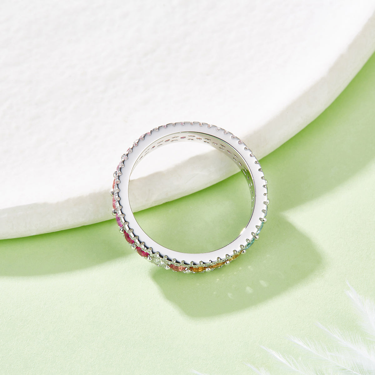 18K White Gold Round Coloured Gemstone Moissanite Rainbow Women's Ring