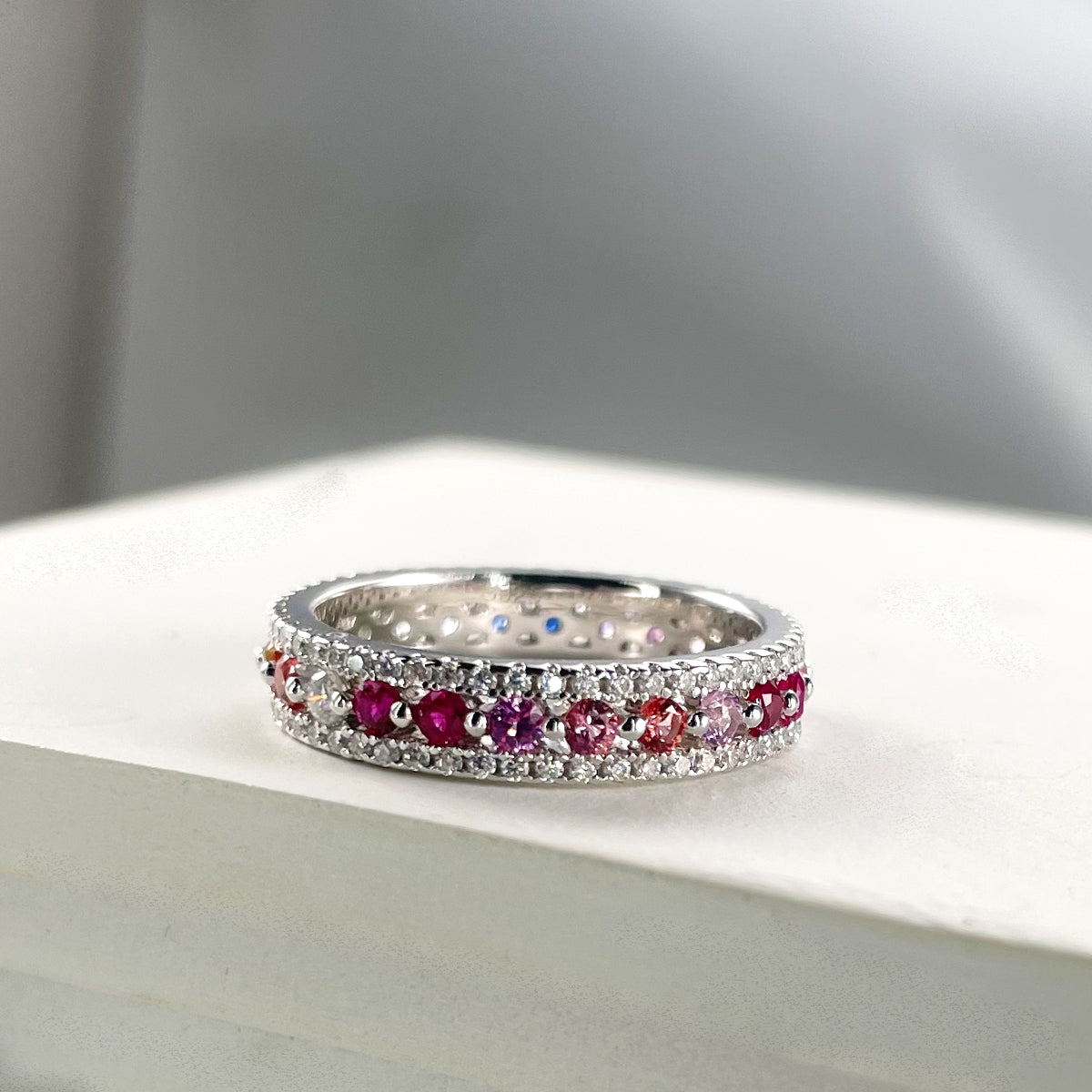 18K White Gold Round Coloured Gemstone Moissanite Rainbow Women's Ring