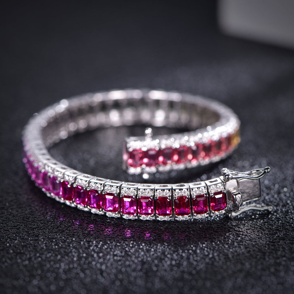 18K White Gold Emerald-Cut Coloured Gemstone Moissanite Bracelet 4×3mm / Stone
