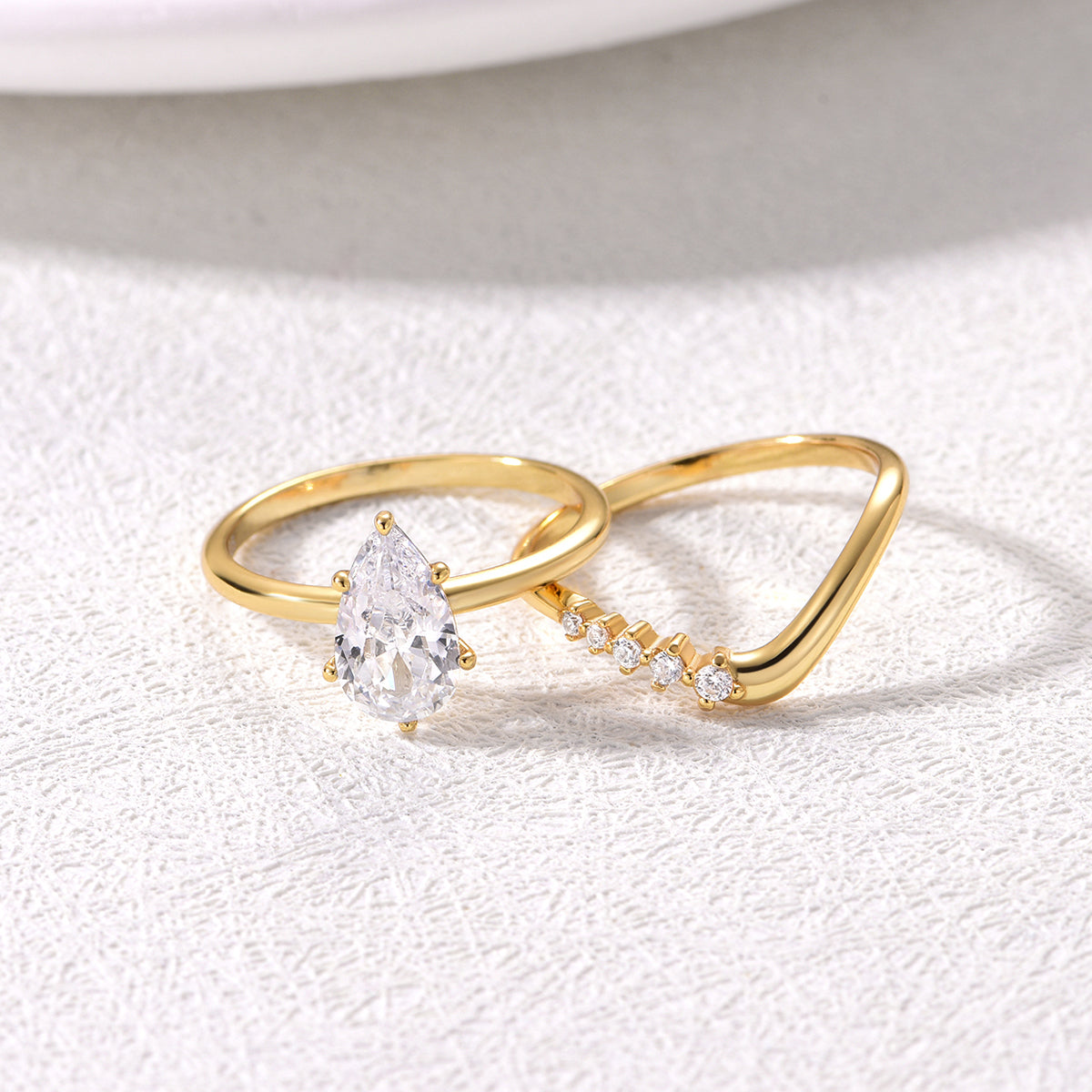 18K Yellow Gold Teardrop Moissanite Stacking Ring Set