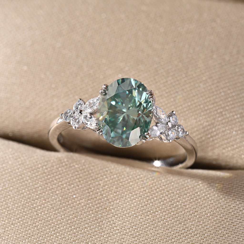 18K White Gold Teal Oval Moissanite Ring 2.0ct | 9×7mm