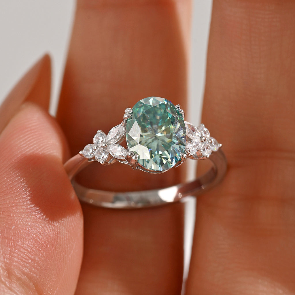 18K White Gold Teal Oval Moissanite Ring 2.0ct | 9×7mm