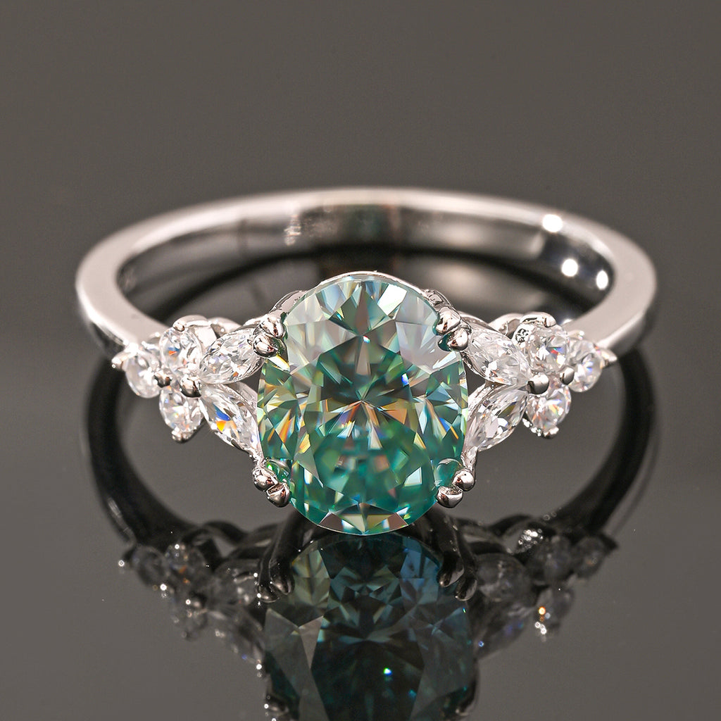 18K White Gold Teal Oval Moissanite Ring 2.0ct | 9×7mm