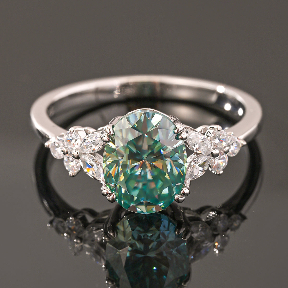 18K White Gold Teal Oval Moissanite Ring 2.0ct | 9×7mm