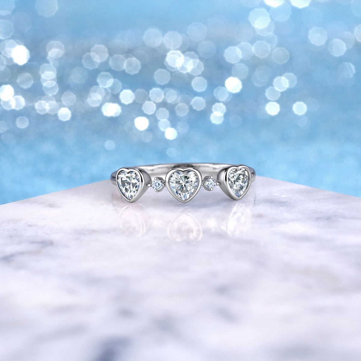 18K Gold Heart Moissanite Bubble Linked Hearts Ring 0.9ct